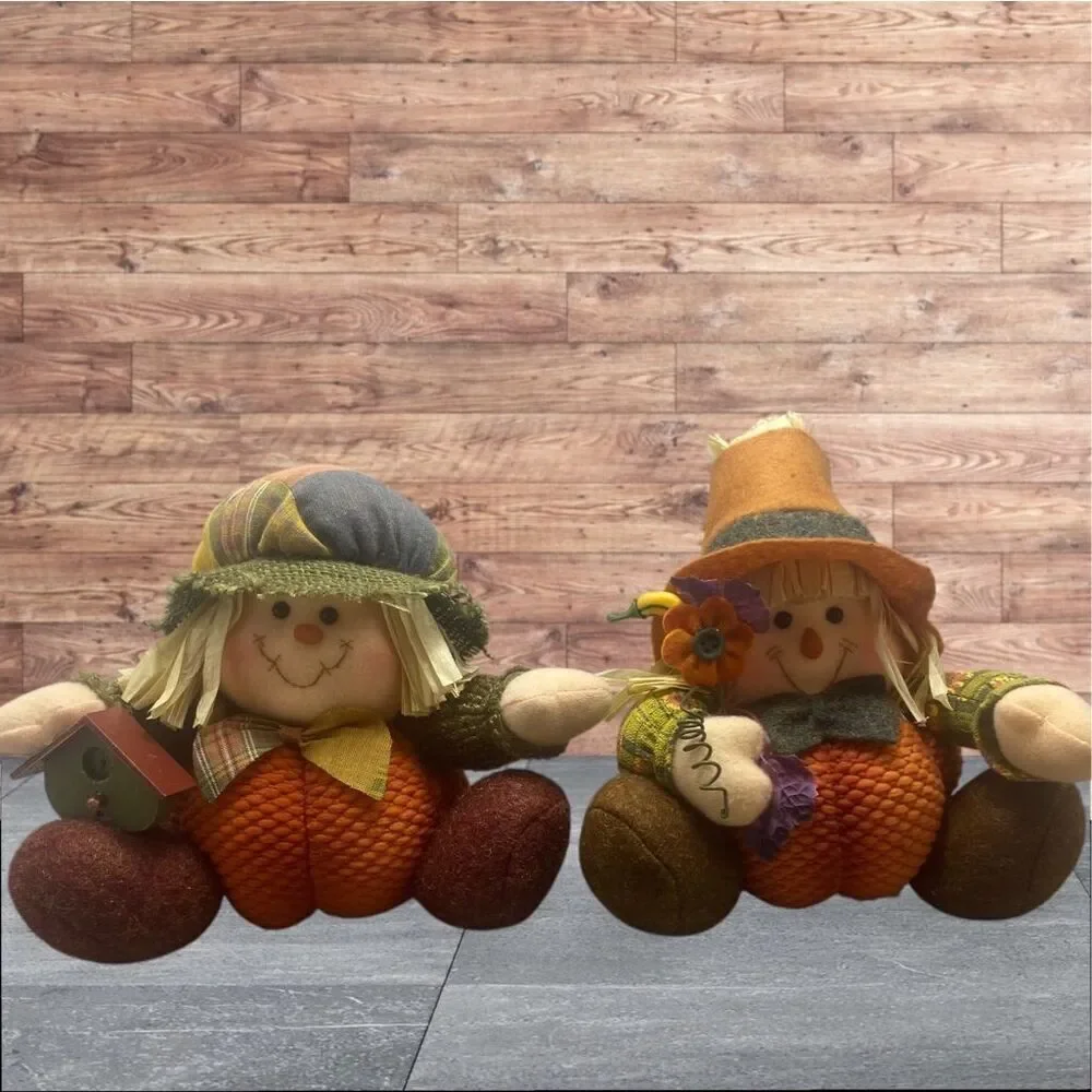 Fall Harvest Scarecrow Plush Doll Pair Autumn Decor Rustic Farmhouse Thanksgivin
